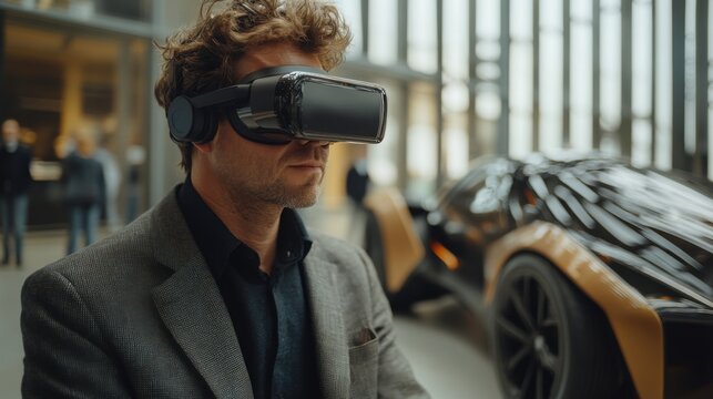 Man using virtual reality headset in modern showroom with futuristic car displayed