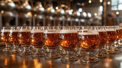 A craft beer experience filled with rich brews and enticing aromas. Rows of beer glasses filled with amber liquid in a brewery setting.