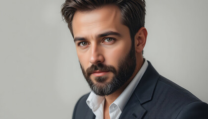 Portrait of a handsome man with a beard, wearing a suit, looking intensely at the camera, professional headshot, high-resolution image, stylish, confident, attractive male model