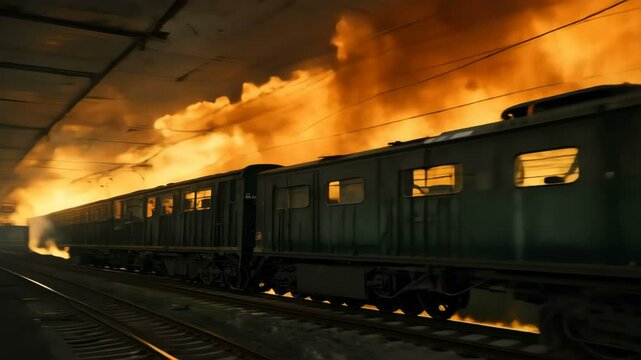 Fire at Train Station An Intense Scene Unfolds with Flames and Billowing Smoke, Capturing Immediate Attention