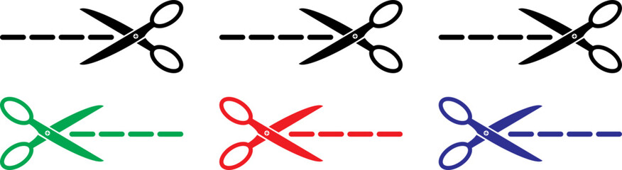 Scissors icon set. Cutting scissors with cut lines symbols. Cut here signs. Isolated. Vector illustration