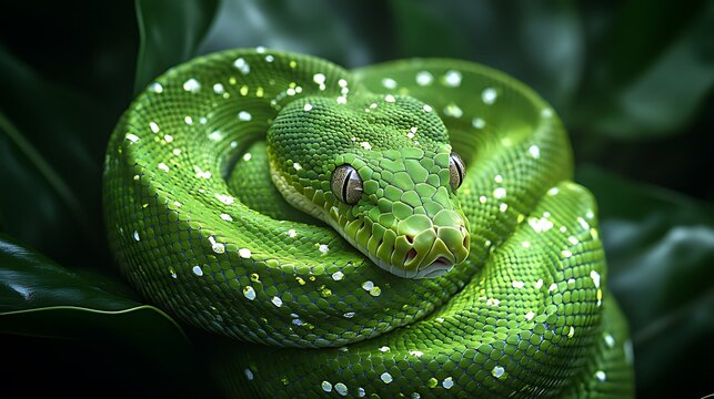 Green tree python coiled, foliage background, jungle, wildlife, nature photography