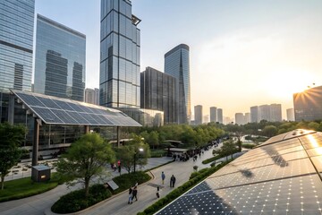 Obraz premium Modern Urban Park with Solar Panels and High-Rise Buildings