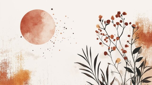 Watercolor Painting of Red Sun and Autumnal Plants