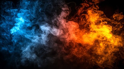 Abstract blue and orange smoke swirls on black background; design element
