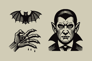 Vintage Dracula icon set with bat, claws, and vampire face