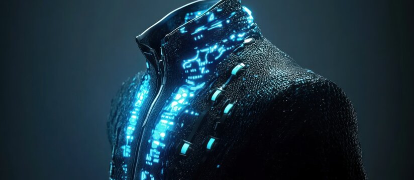 Futuristic glowing jacket studio shot, dark background, fashion tech