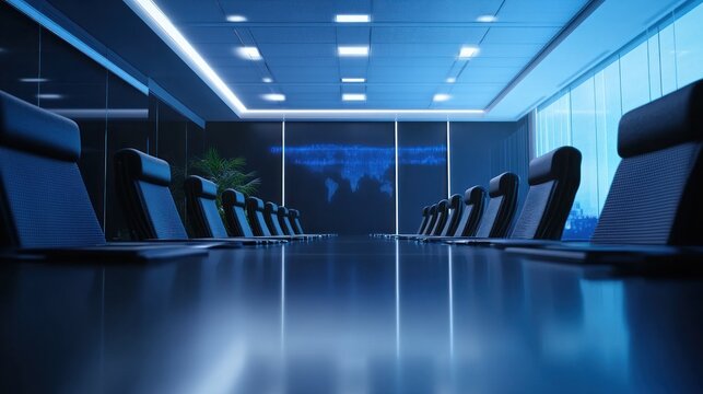 Empty modern boardroom, night, city view, global network projection