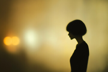 A mysterious silhouette of a woman standing behind frosted glass, creating an artistic and atmospheric effect.