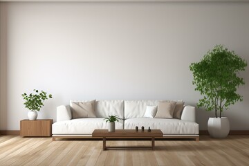Minimalist interior design featuring a white sofa, wooden furniture, and potted plants, creating a serene and stylish living space