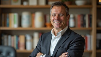 Fototapeta premium Smiling professional man in a modern office with bookshelves in the background