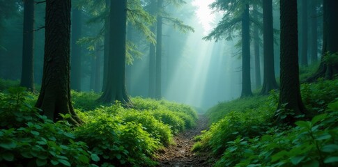 Obraz premium Dense coniferous foliage covering misty forest floor, mist, forest floor, evergreen