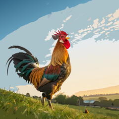 Majestic rooster, vibrant feathers, golden sunrise, rolling hills, green grass, low angle shot, dramatic lighting, realistic details, rural farm scene, proud stance, colorful plumage,