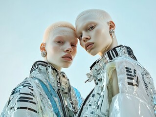 Elegant portrait of two albino female models in futuristic fashion
