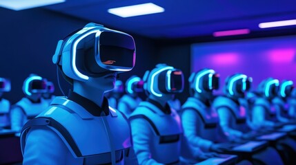 Obraz premium Futuristic Classroom with Students Using VR Technology in Neon Light