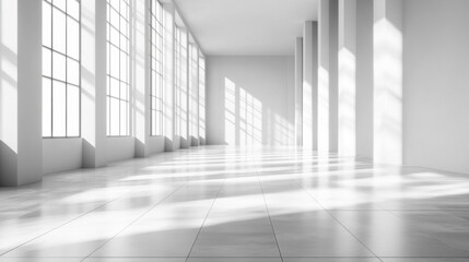 Sunlit empty modern interior with tall windows and shadows on tiled floor
