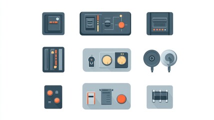 Control panel icons; various gauges, switches, and buttons; futuristic design; UI elements; website design