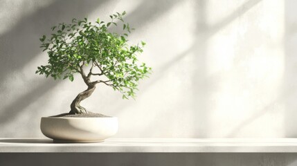 Small Green Bonsai Tree in White Pot on Shelf