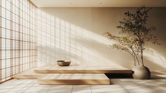 Modern minimalist zen room with wooden platform and tree in serene natural light
