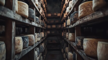 Rustic Cheese Aging Room with Wooden Shelves and Various Cheeses