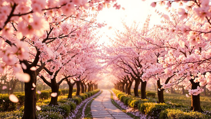 Naklejka premium Cherry blossom alley in Japan, petals floating in the air, shallow depth of field, warm golden hour lighting