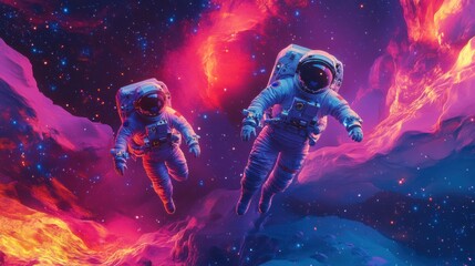 Two astronauts floating in vibrant space nebula with glowing colors and stars