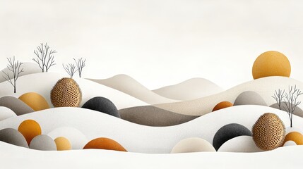 Abstract landscape with minimalistic hills, trees, and colorful spherical elements in soft tones