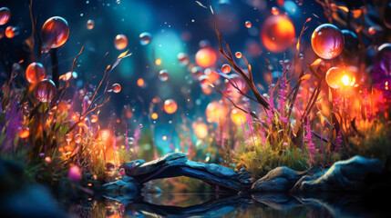 Obraz premium Surreal landscape filled with colorful bubbles hovering above vibrant flowers and casting reflections in a tranquil pond