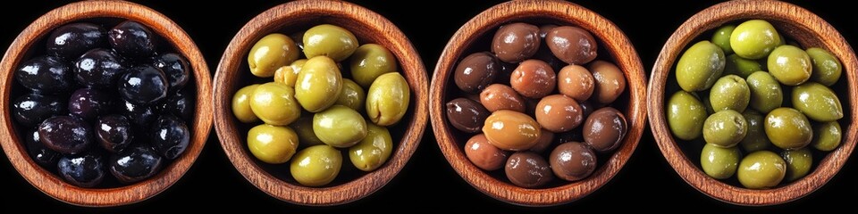 Three wooden bowls filled with different types of olives for serving or decoration