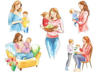 Charming watercolor illustrations of mothers and babies in various heartwarming scenes Perfect for Mother's Day cards or children's books