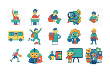Naklejka premium set of vector Colorful Cartoon Characters back to School Activities