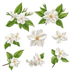 A close-up shot of a bouquet of white flowers with green leaves