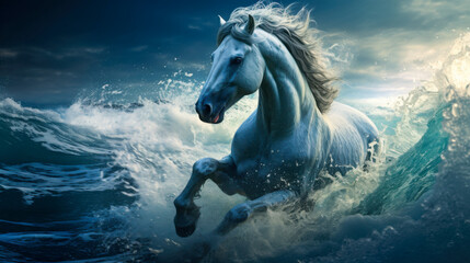 Obraz premium White horse galloping on the waves under moonlight reflecting across the serene sea at night
