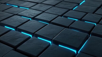 Obraz premium A premium-quality 3D render of dark, futuristic construction blocks embedded with LED grid patterns.
