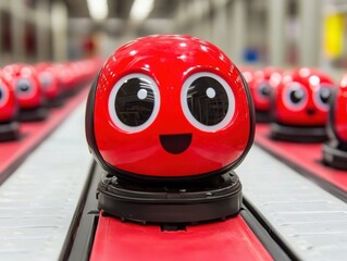 Red robot toy placed on assembly line in realistic industrial setting for photography