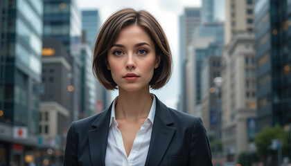 Confident young businesswoman in a stylish black suit standing in a busy city street, portrait photography