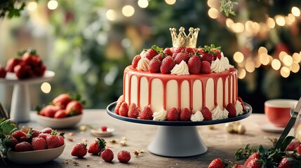 A decadent strawberry and vanilla birthday cake with a crown on top, surrounded by fresh strawberries and styled with a festive birthday setup.