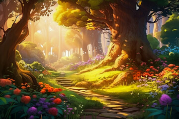Fototapeta premium Vibrant flowers bloom beside a serene pond in a mystical forest with dappled sunlight filtering through lush green foliage
