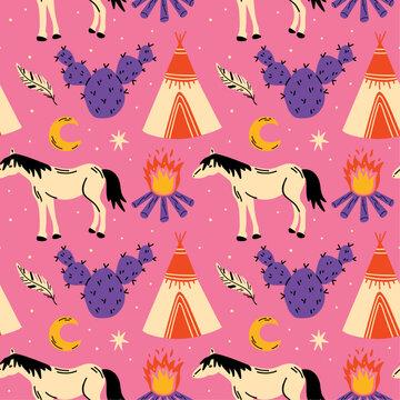 Western themed seamless vector pattern with cute groovy funky cartoon illustration of horse, feather, vigvam teepee, moon, sun, cactus, cowboy, cowgirl aesthetic, wild west, american native