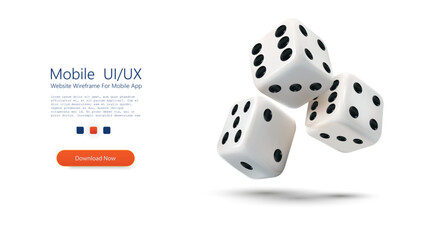Three white dice with black dots are soaring above a smooth surface, capturing the thrill of a game evening. The dice are in mid-air, creating a dynamic and playful atmosphere. 3d Vector