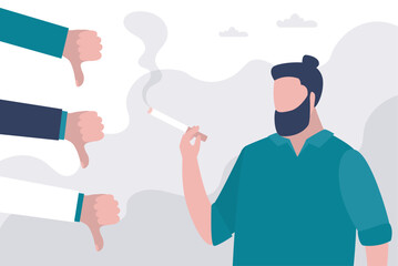 Male character smoking cigarette. Thumbs down. dislike or unlike gestures. Smoker man with bad habit and unhealthy lifestyle. Poster urging to quit smoking.