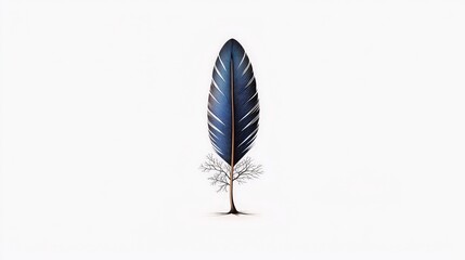 Artistic Blue Feather with Tree Roots on White Background Symbolizing Nature and Growth