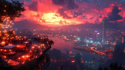 Fototapeta premium Rooftop sunset cityscape dining, Hong Kong