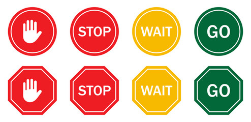 Traffic signs set with STOP, WAIT and GO symbols in red, yellow and green. Road safety, warning, and instruction icons. Perfect for transport design, driving guides, apps, and education graphics.