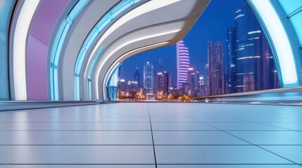 A stunning professional high-quality nighttime photograph of a futuristic luxury shopping mall with reflective glass surfaces capturing the neon-lit city skyline