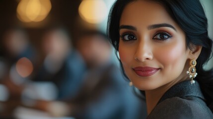 Fototapeta premium A close-up shot of a woman wearing a suit and earrings, ideal for business or professional use