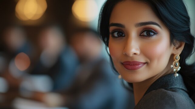 A close-up shot of a woman wearing a suit and earrings, ideal for business or professional use