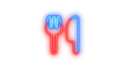 Neon utensils sign icon blue red color glowing with transparent background