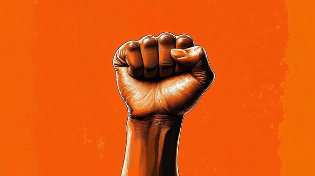 A dynamic image of a raised fist on a vibrant orange background, perfect for promoting empowerment, equality, and social causes during events like Black History Month.