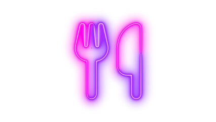 Neon utensils sign icon pink purple color glowing with transparent background